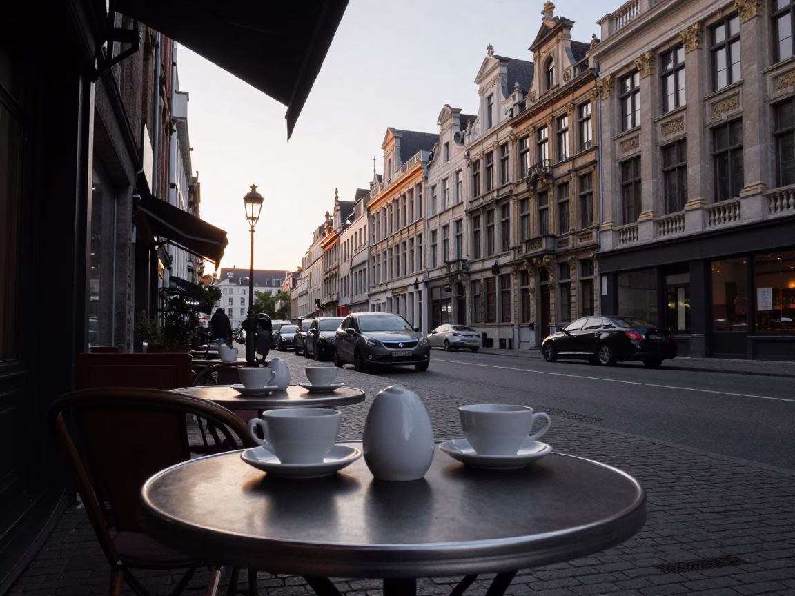 Brussels Dawn Street Scene with Ceramic Teacups and Storage Tin in in Brussels, Belgium