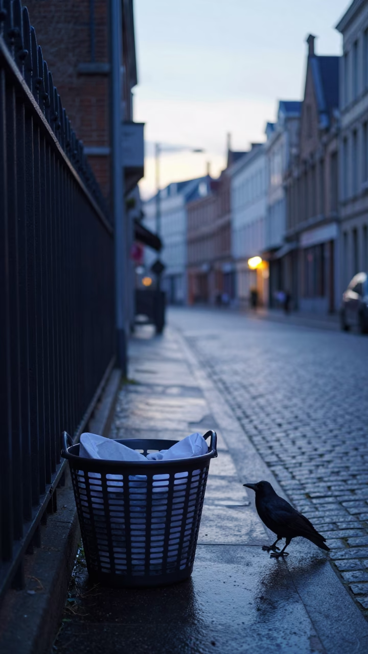 Brussels Dawn Street Scene with Laundry Basket and Crow on Fence Post in in Brussels, Belgium