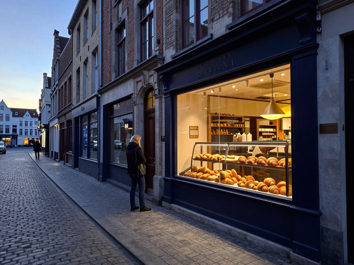Brussels Dawn Street Scene with Local Bakery Display and Morning Light in in Brussels, Belgium