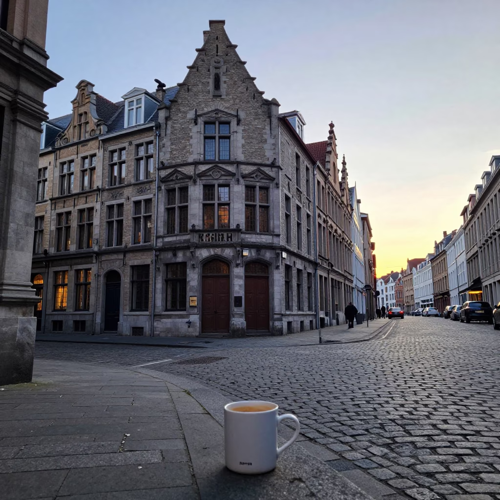 Brussels Dawn Street Scene with Mug and Cobblestone Architecture Before Sunrise in in Brussels, Belgium