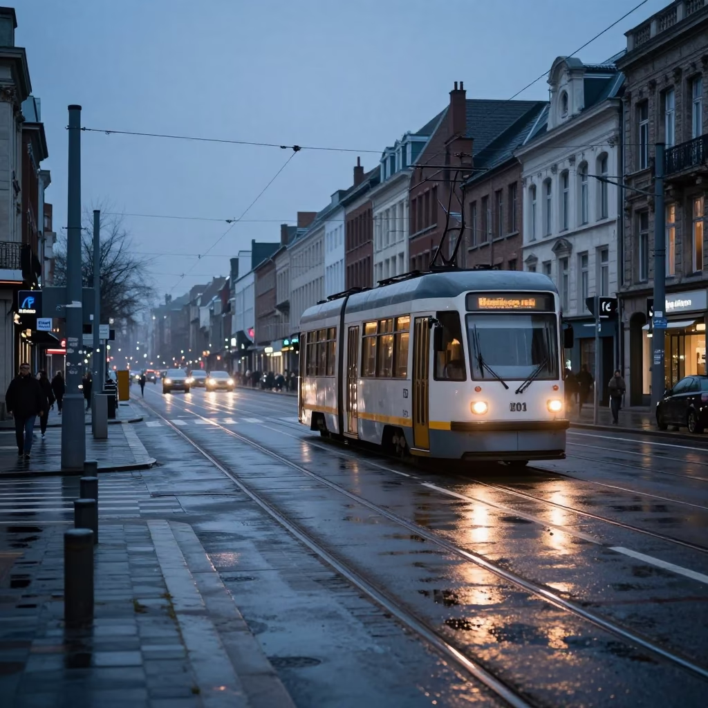 Brussels dawn street scene with tram tracks and wet cobblestones in in Brussels, Belgium