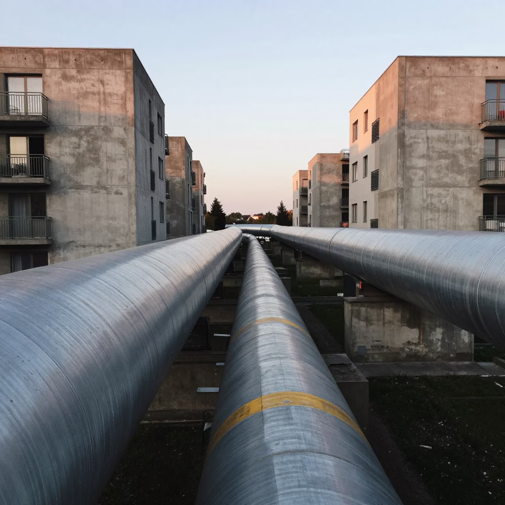 Brussels District Heating Pipe Crossing Between Concrete Apartment Blocks in Early Evening Light in in Brussels, Belgium