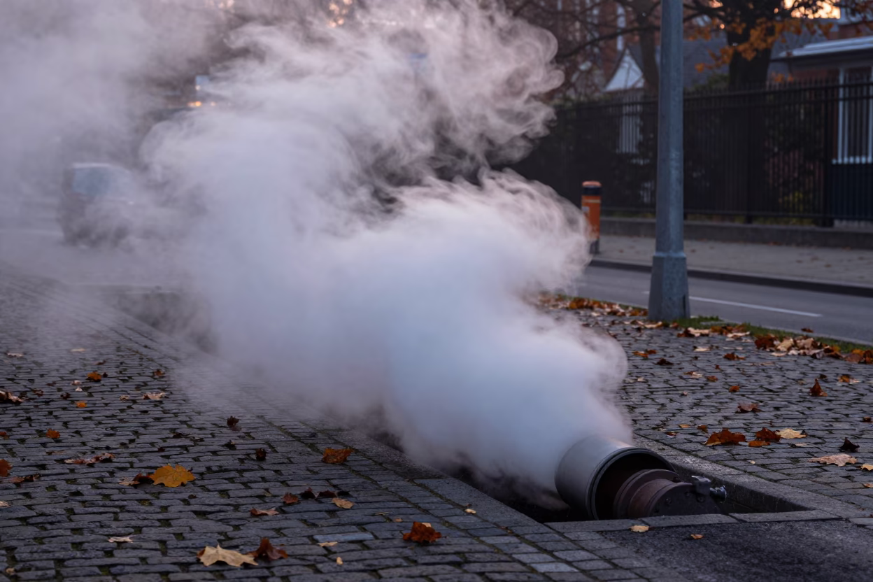 Brussels District Heating Steam Rising Through Fog Before Dawn Near Atomium in in Brussels, Belgium
