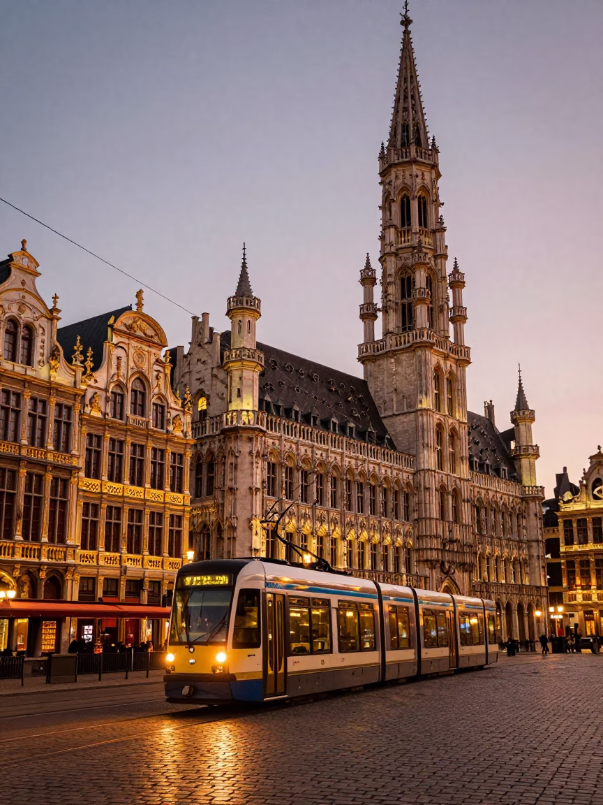 Brussels Dusk Copper Light Over Cobblestone Street With Tram And Pedestrians in in Brussels, Belgium