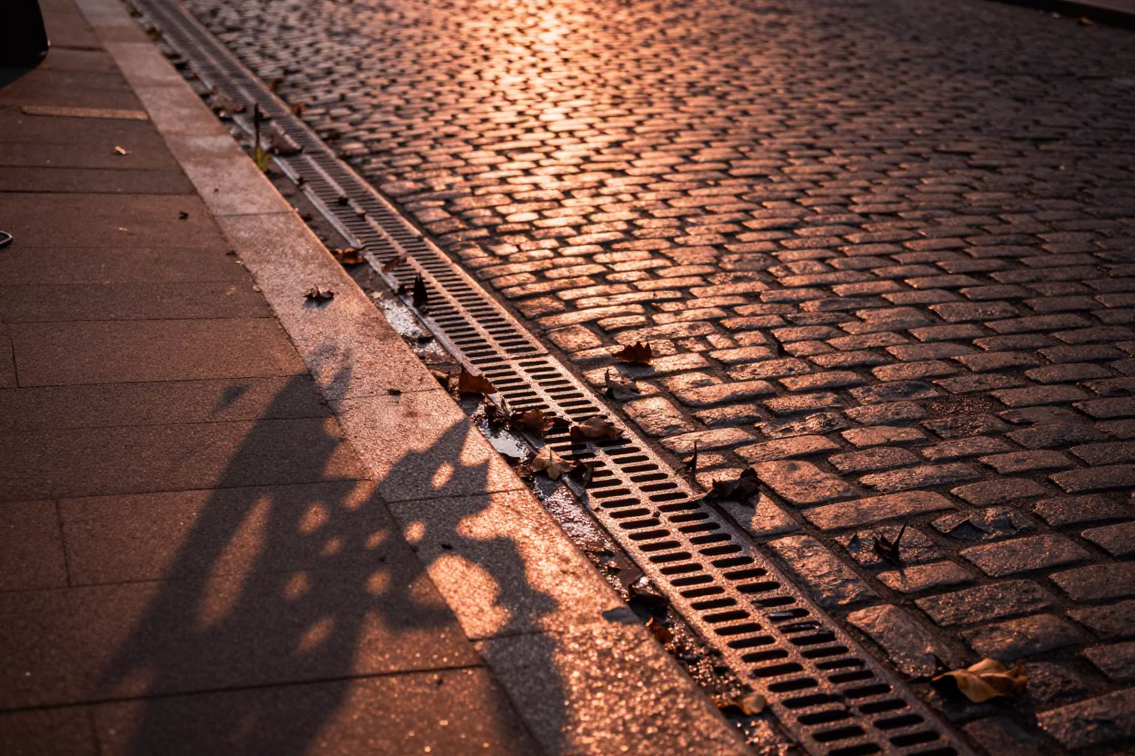 Brussels Dusk Street Scene with Leaf Shadows on Drain and Scooter in in Brussels, Belgium