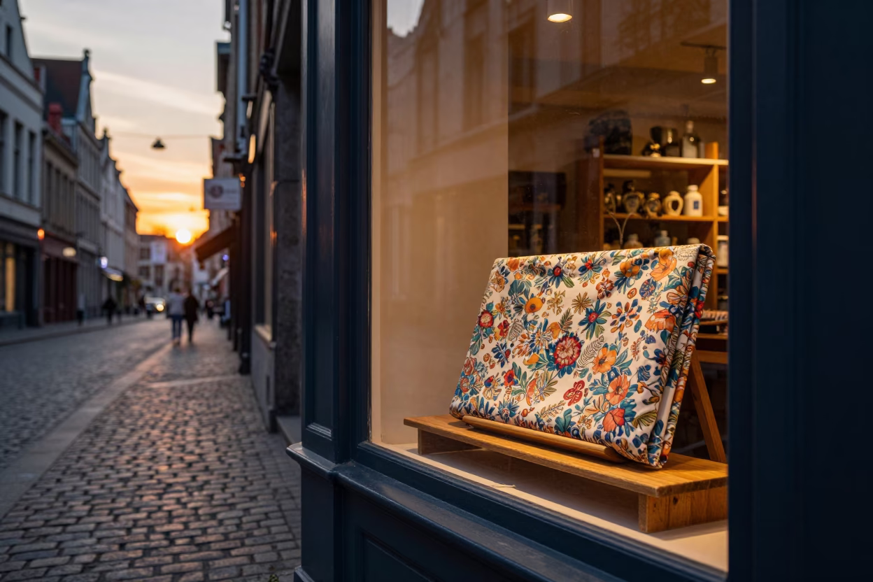 Brussels Dusk Street Scene with Vintage Shop Shelf and Handkerchief in in Brussels, Belgium