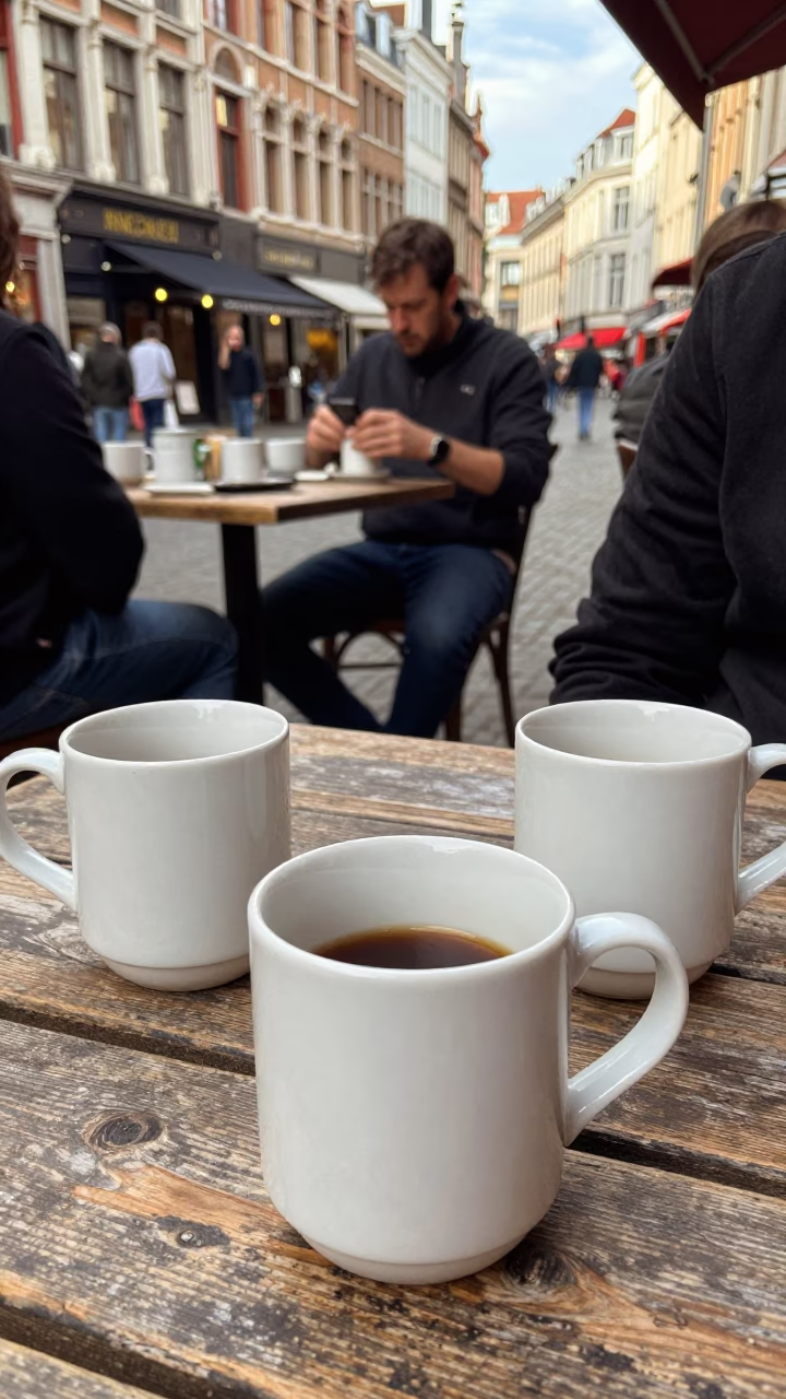 Brussels early afternoon street scene with ceramic mugs and dish towel in in Brussels, Belgium