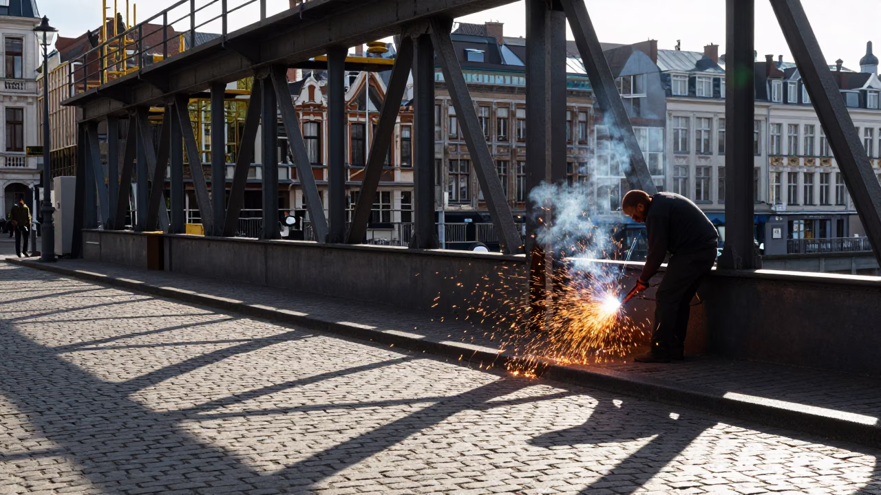 Brussels Early Afternoon Street Scene with Welding Sparks and Dominoes in in Brussels, Belgium