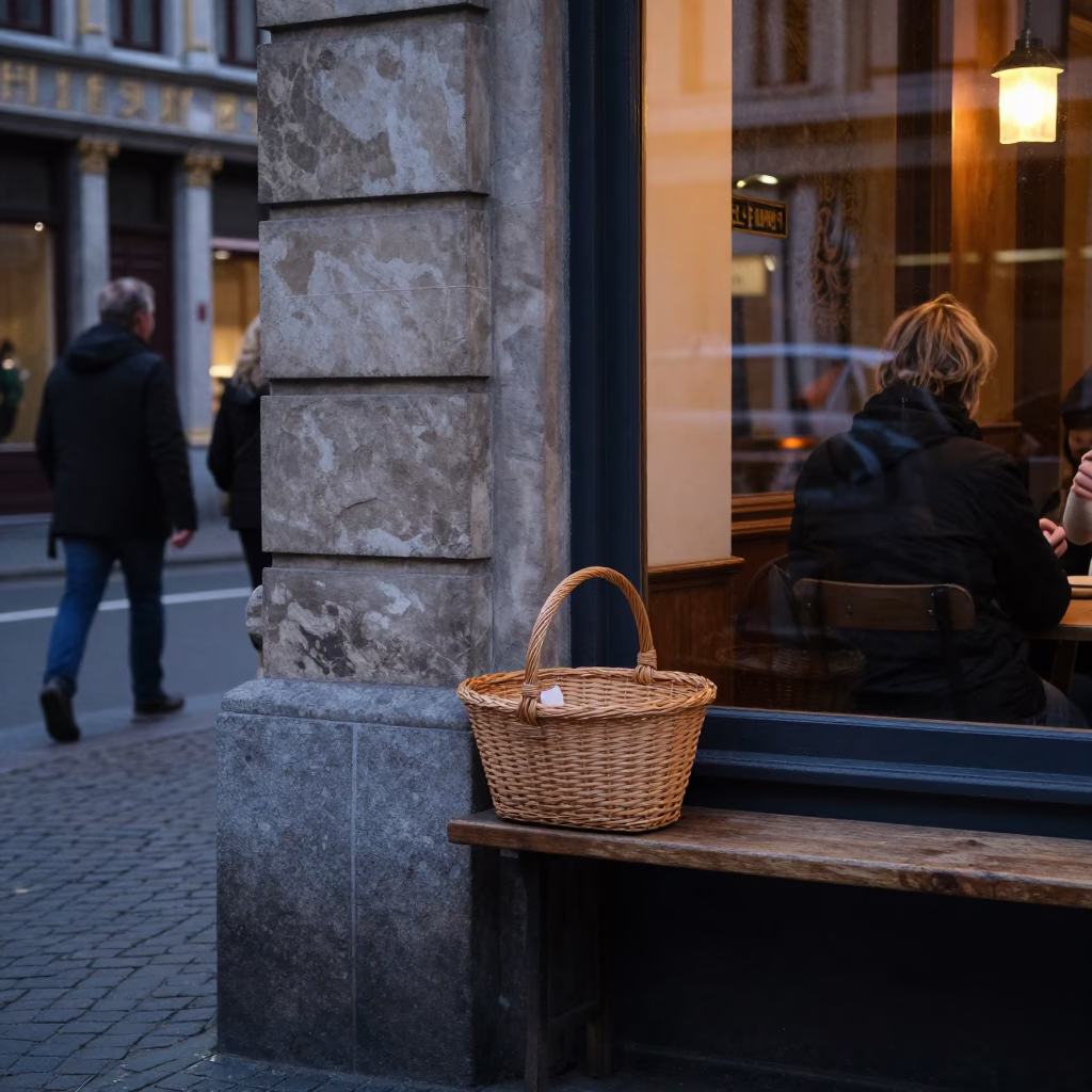 Brussels Early Evening Street Scene with Basket and Window Light Details in in Brussels, Belgium