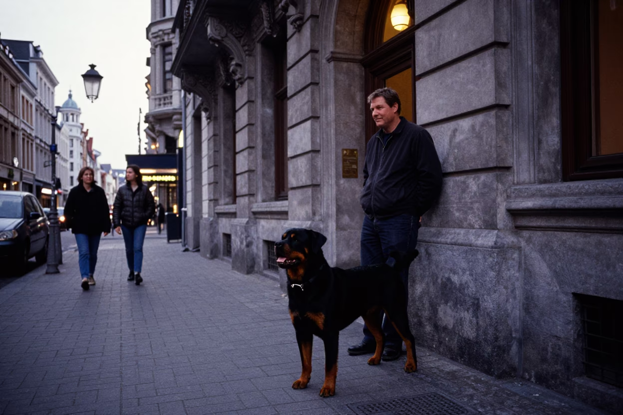 Brussels Early Evening Street Scene with Rottweiler and Urban Details in in Brussels, Belgium