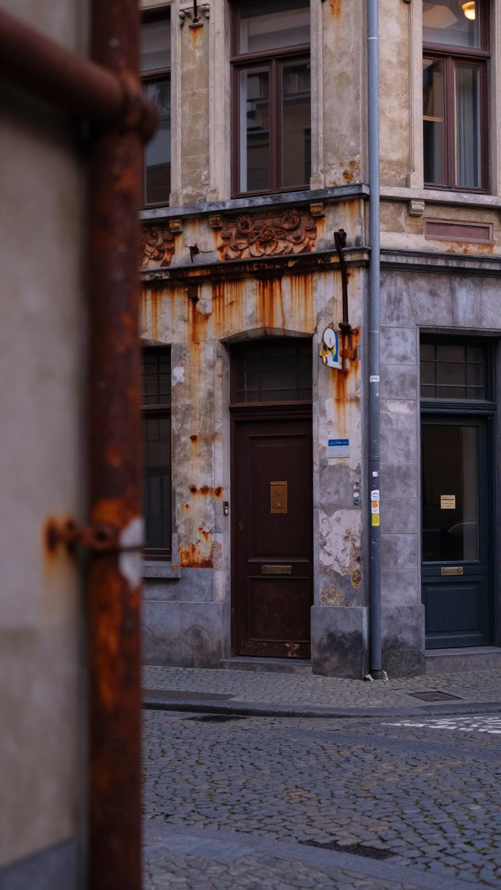 Brussels Early Evening Street Scene with Rusty Doorframe and Violet Sky in in Brussels, Belgium