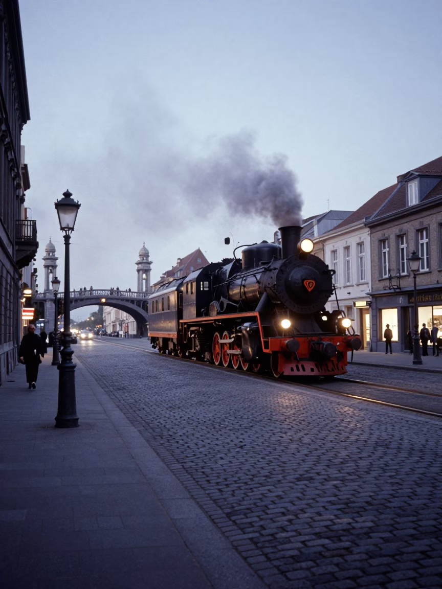 Brussels Early Evening Street Scene with Steam Locomotive Bridge and Cupboard Doors in in Brussels, Belgium