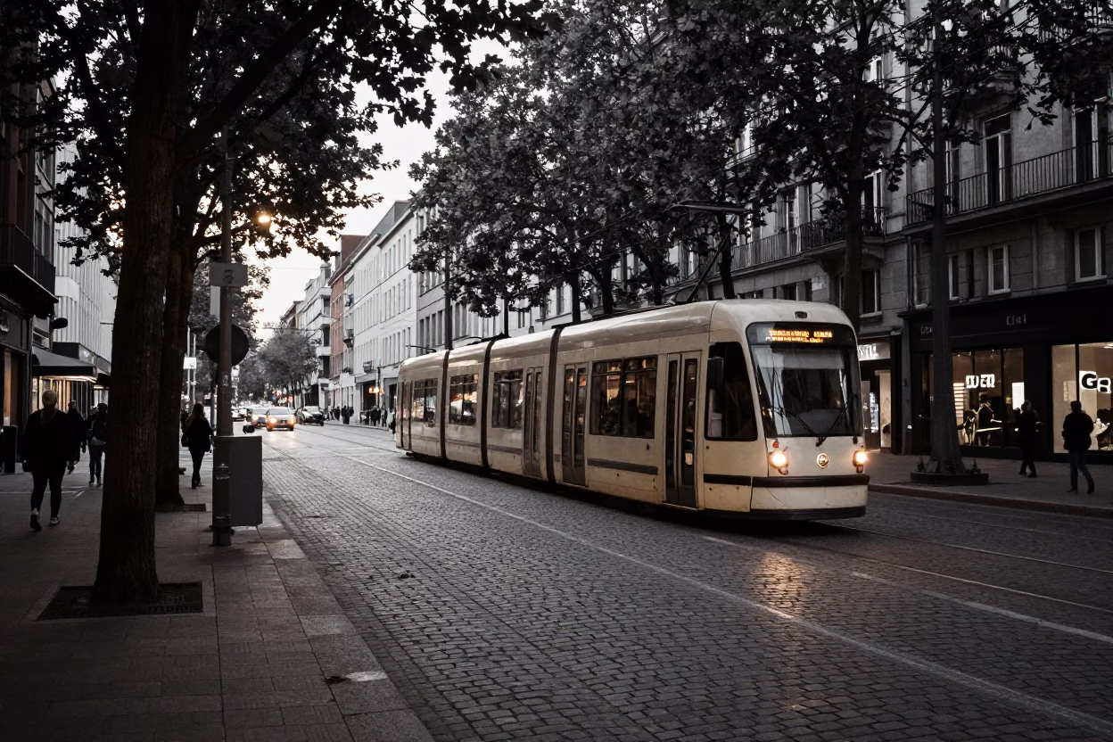 Brussels Early Evening Street Scene with Trolley and Urban Construction in in Brussels, Belgium