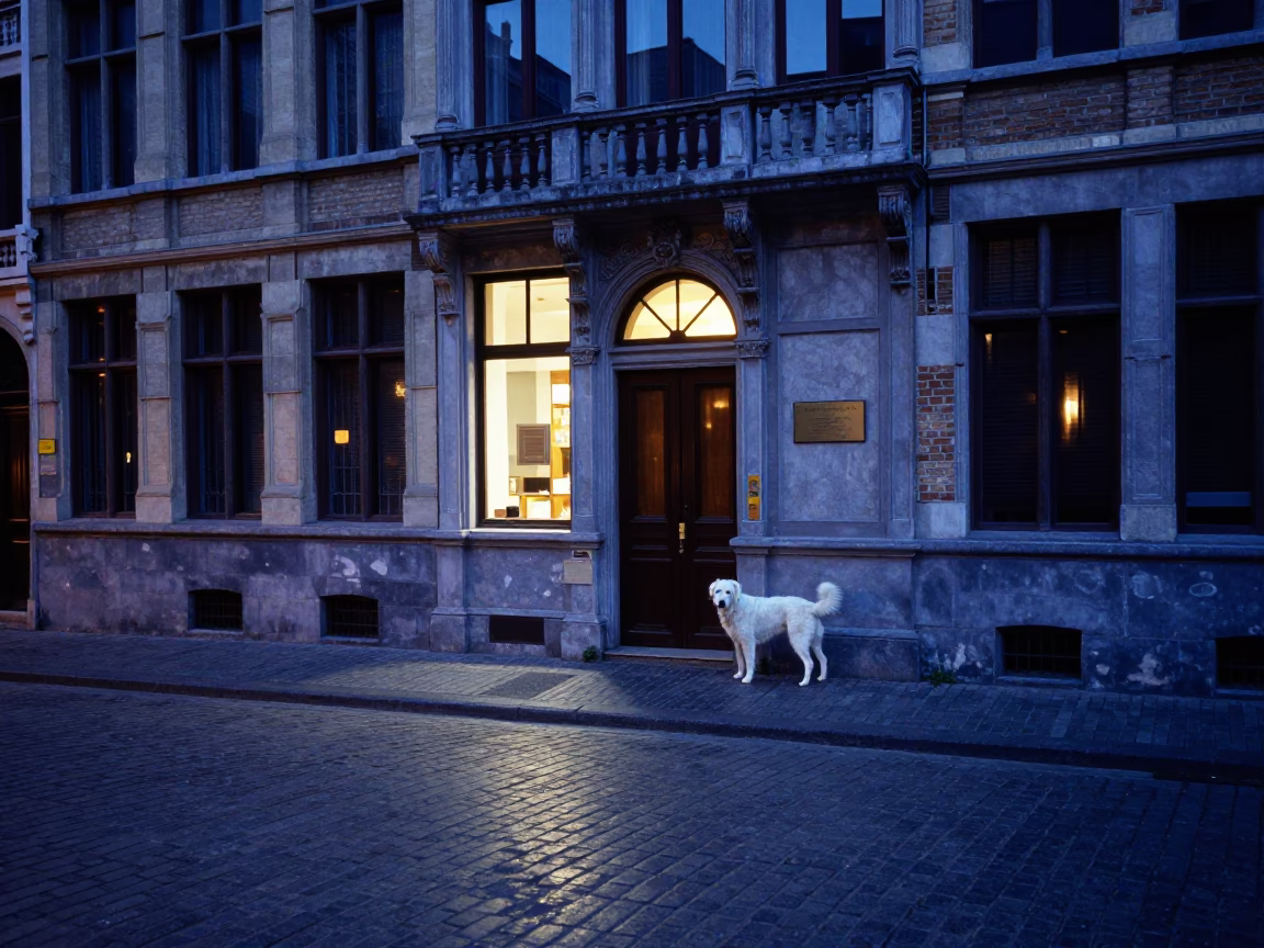 Brussels Evening Blue Hour Candid Moment with White Dog and Nickel Latch in in Brussels, Belgium