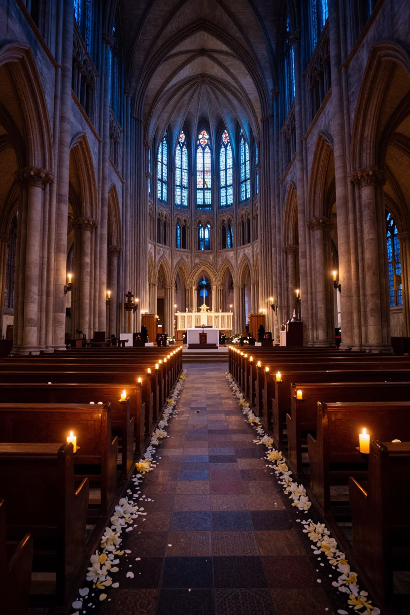 Brussels Evening Blue Hour Cathedral Interior Candlelight Vigil in in Brussels, Belgium