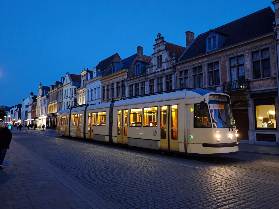 Brussels Evening Blue Hour Heritage Tram Cobblestones and Local Life in in Brussels, Belgium