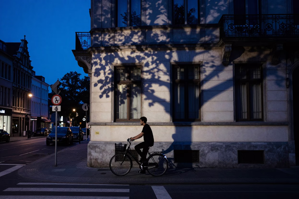 Brussels Evening Blue Hour Street Scene with Leaf Shadows and Urban Details in in Brussels, Belgium