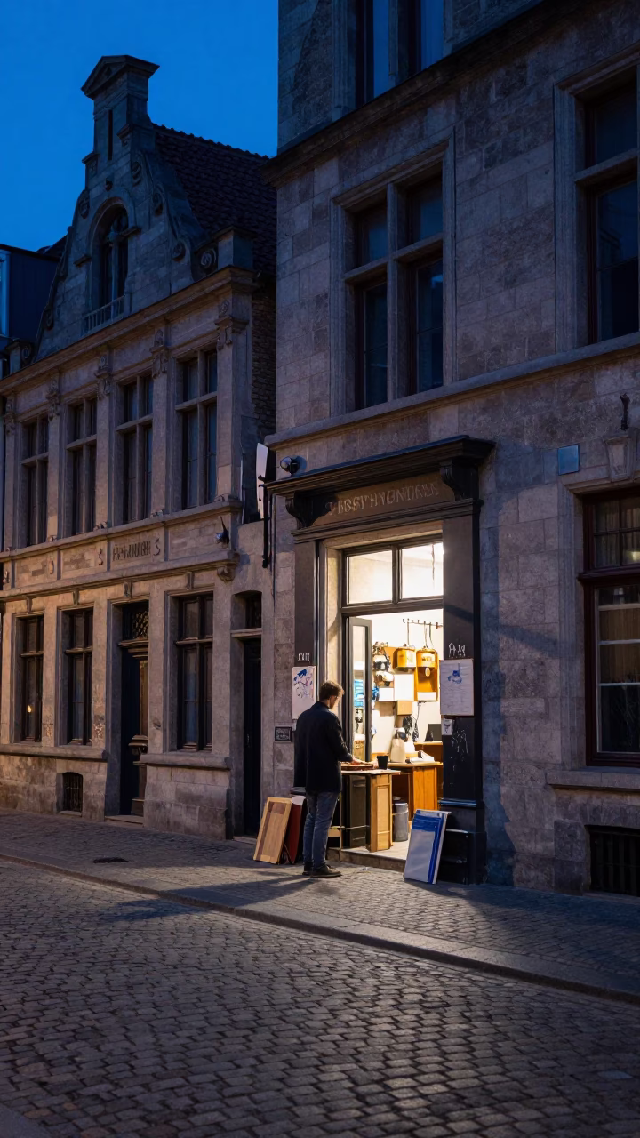 Brussels Evening Blue Hour Street Scene with Paint Flecks and Porcelain Detail in in Brussels, Belgium