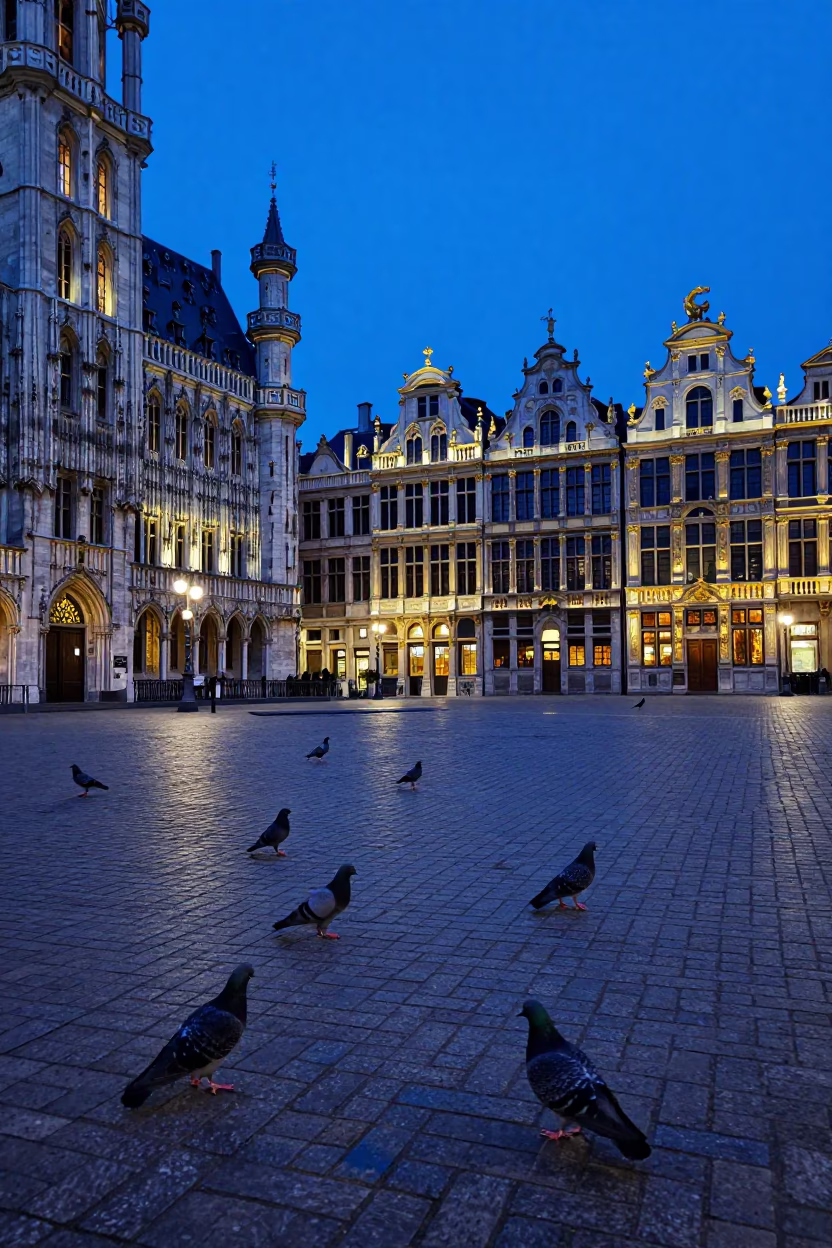 Brussels Evening Blue Hour Street Scene with Pigeons and Vintage Architecture in in Brussels, Belgium