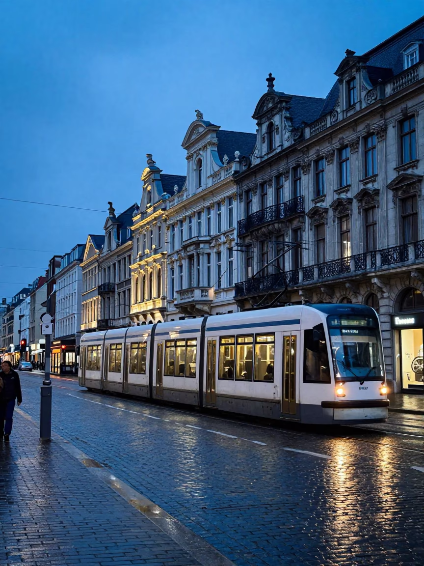 Brussels Evening Blue Hour Street Scene with Tram and Cobblestones in in Brussels, Belgium