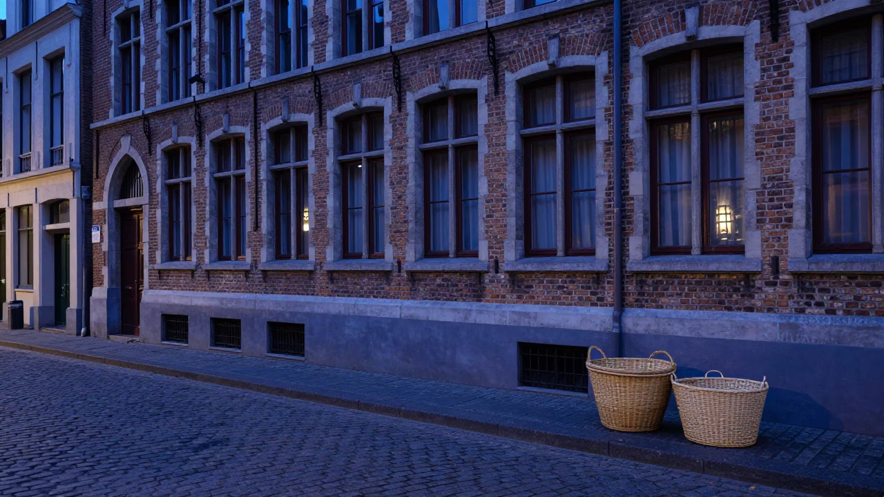 Brussels Evening Blue Hour Street Scene with Woven Baskets and Wooden Mallet in in Brussels, Belgium