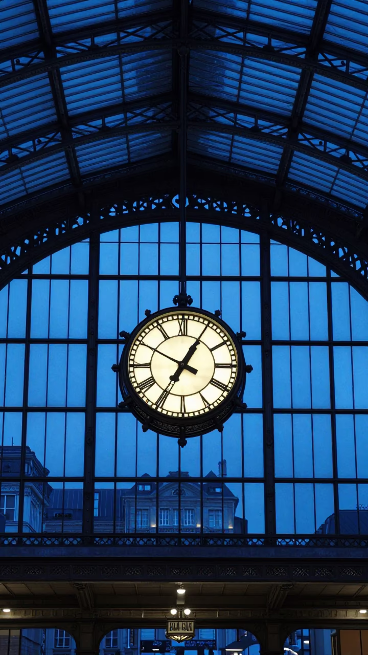 Brussels Evening Blue Hour Train Station Clock Under Vaulted Iron Roof in in Brussels, Belgium