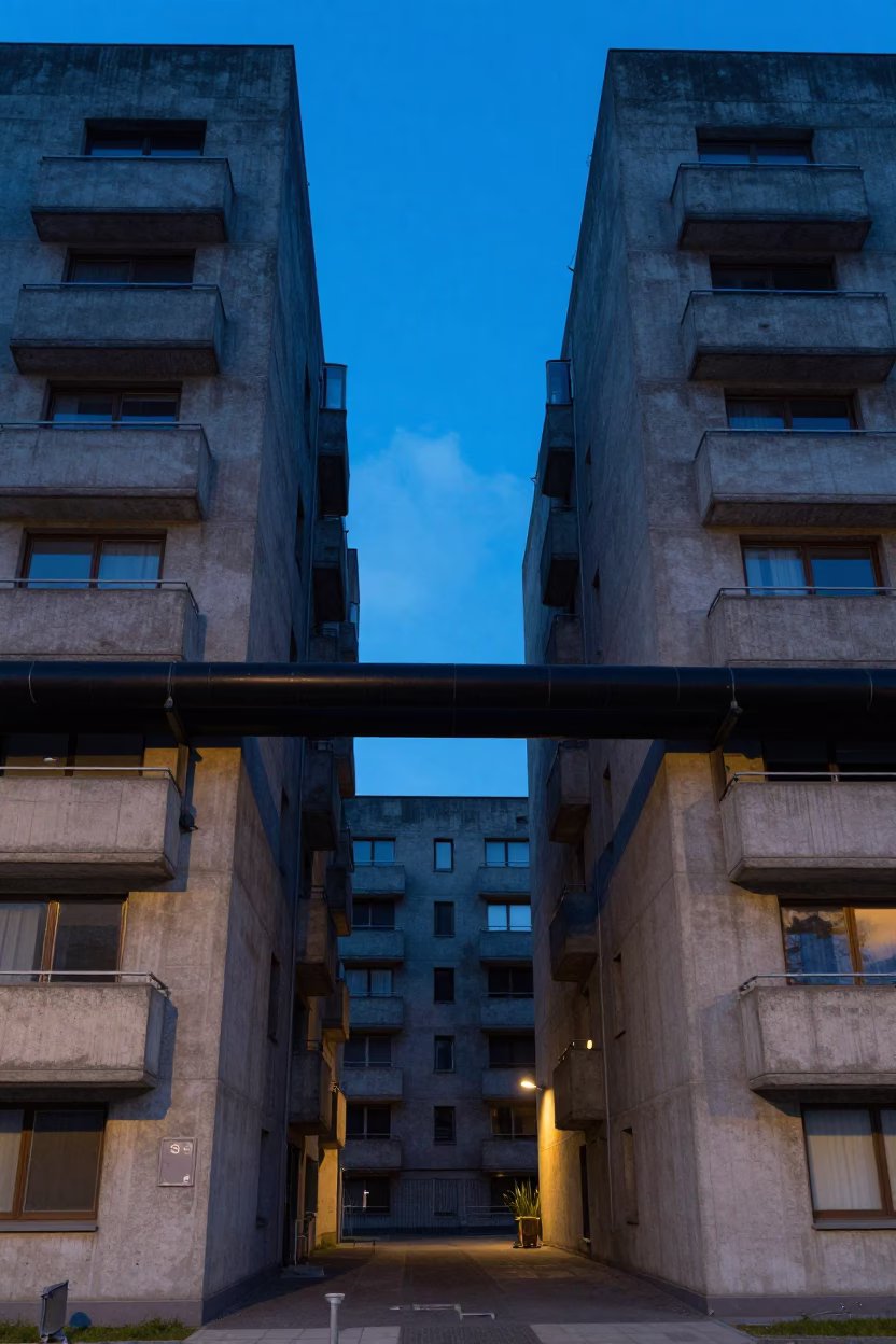 Brussels Evening Blue Light District Heating Pipes Concrete Apartment Blocks in in Brussels, Belgium