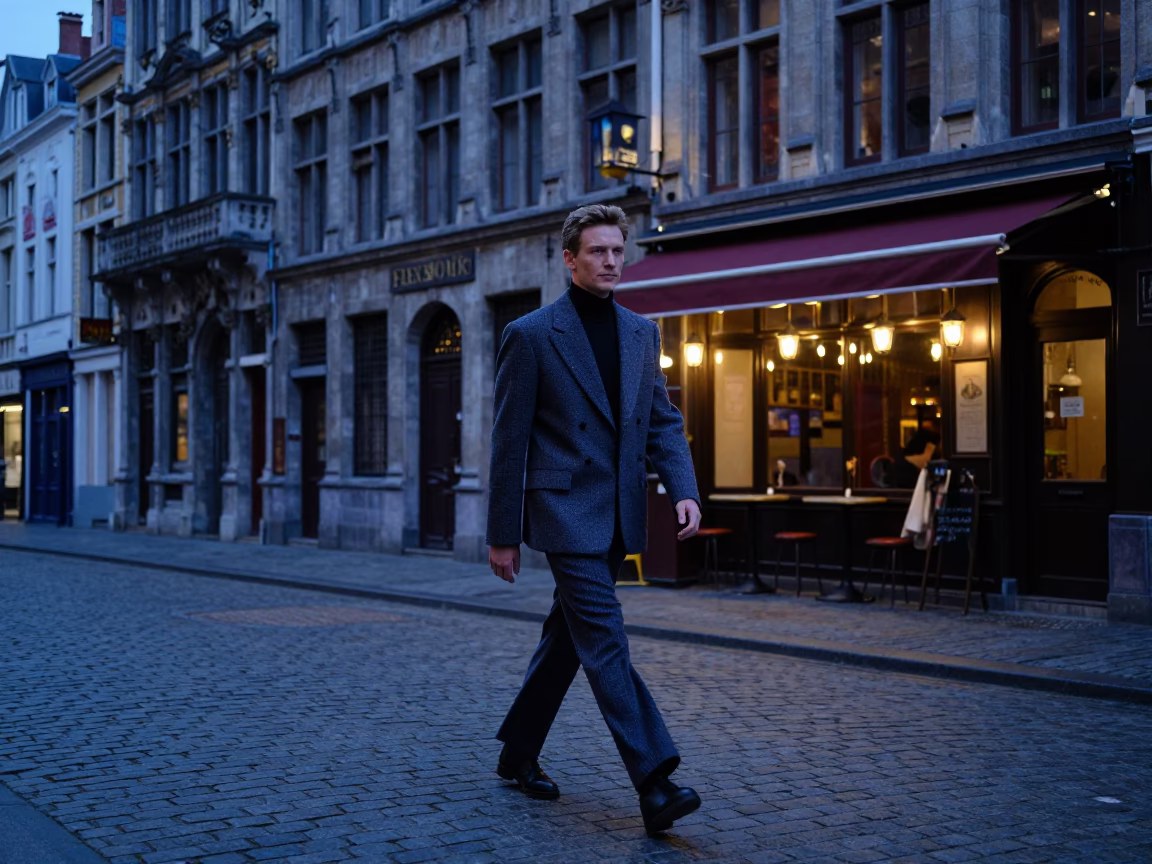 Brussels Evening Blue Light Fashion Street Scene with Signet Ring Detail in in Brussels, Belgium