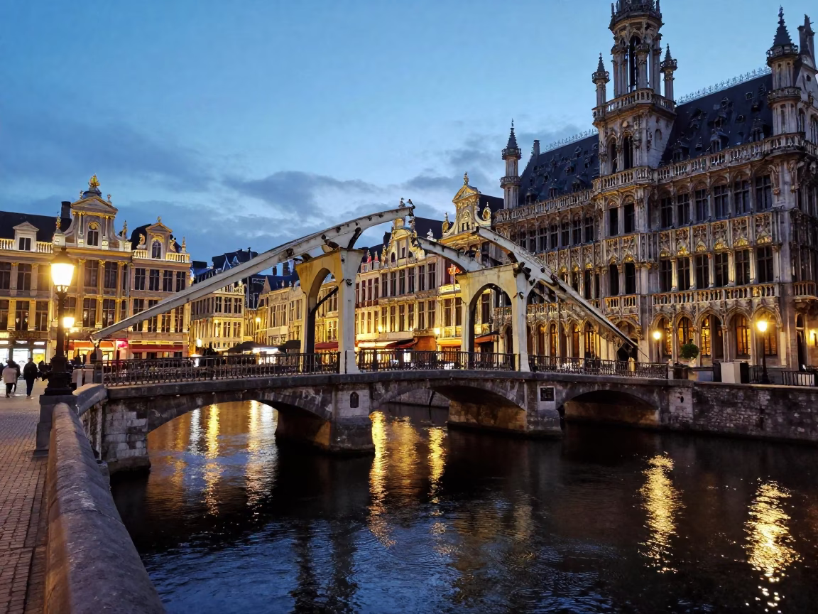 Brussels Evening Glow and Historic Drawbridge Over Moat in Belgium in in Brussels, Belgium