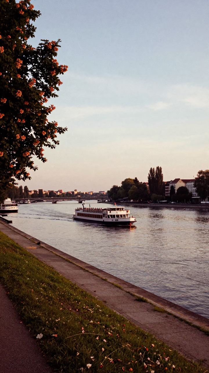Brussels Evening Landscape with Chestnut Trees and Ferry on Senne River in in Brussels, Belgium
