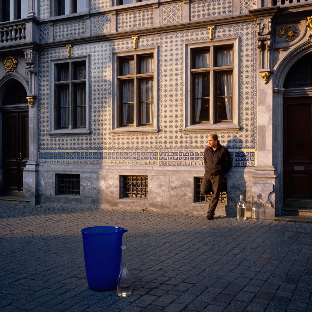 Brussels Evening Light on Cobalt Beaker and Glass Bottle in Historic Square in in Brussels, Belgium