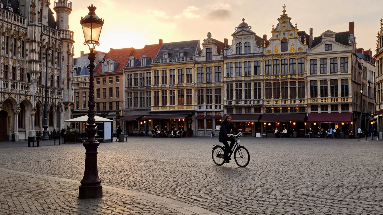 Brussels Evening Light on Cobblestone Square with Traditional Street Scene in in Brussels, Belgium