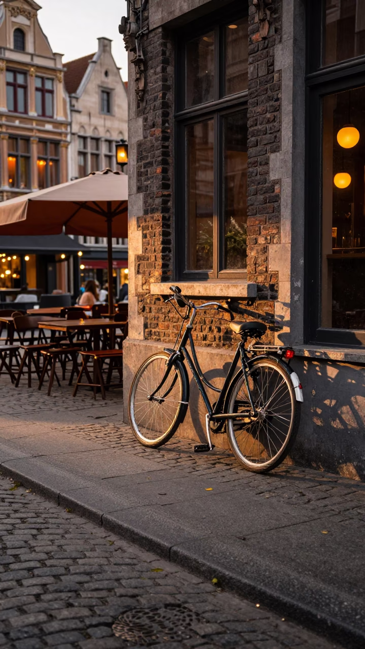 Brussels Evening Street Scene with Bicycle and Cafe Terrace in Honeyed Light in in Brussels, Belgium