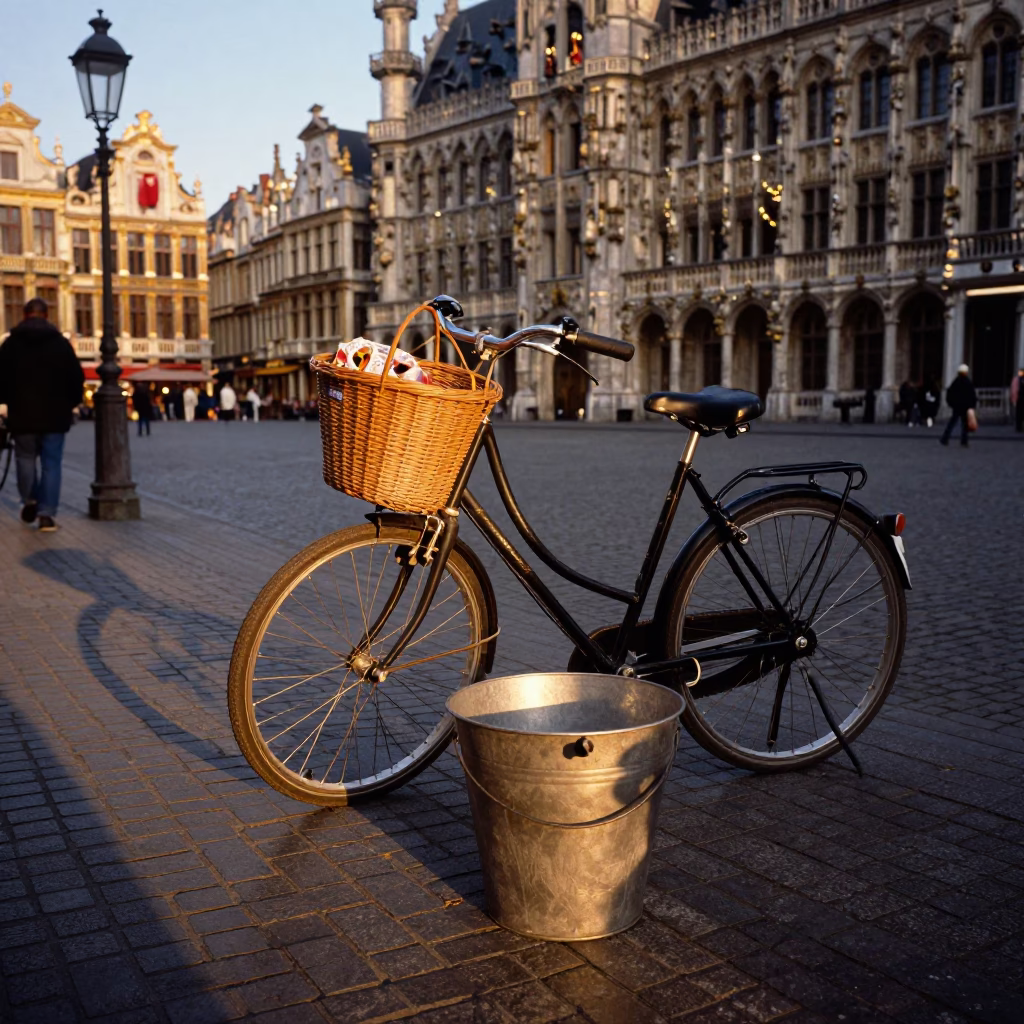 Brussels Evening Street Scene with Bicycle and Traditional Sweets in Honeyed Light in in Brussels, Belgium