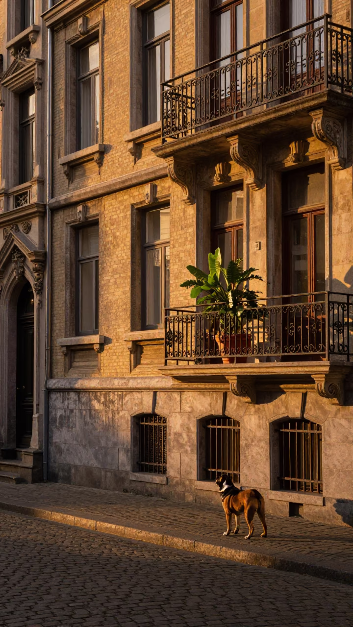 Brussels Evening Street Scene with Bullmastiff and Houseplant on Balcony in in Brussels, Belgium