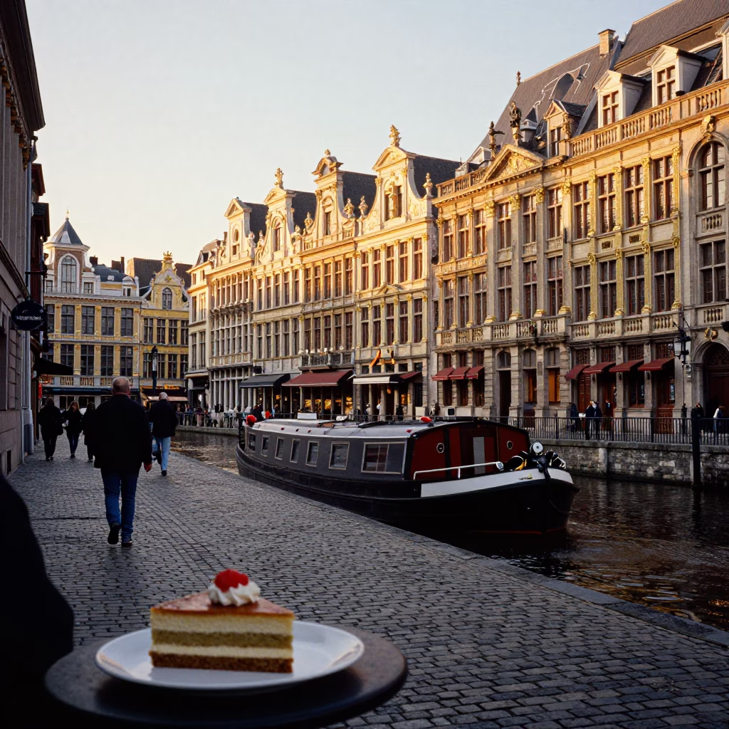 Brussels Evening Street Scene with Canal Barge and Sachertorte in in Brussels, Belgium