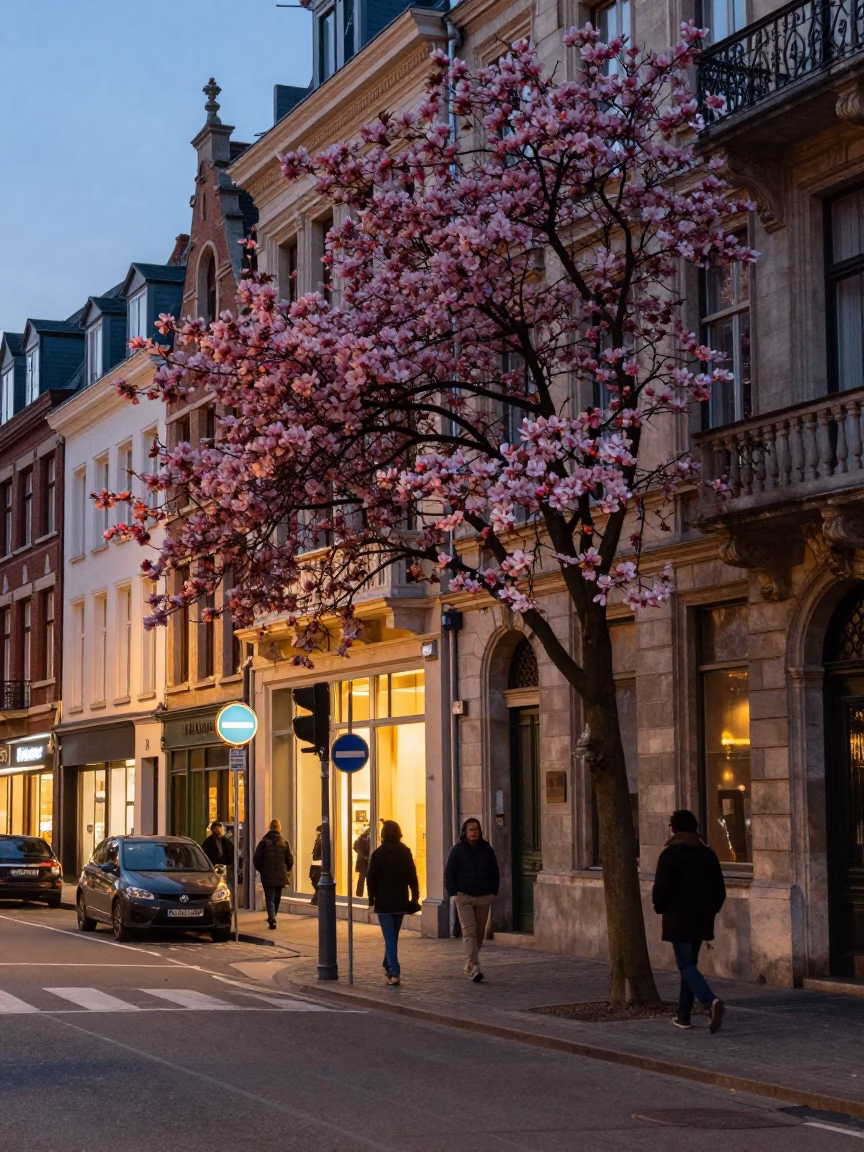 Brussels Evening Street Scene with Dogwood Tree and Polished Brass Frame in in Brussels, Belgium