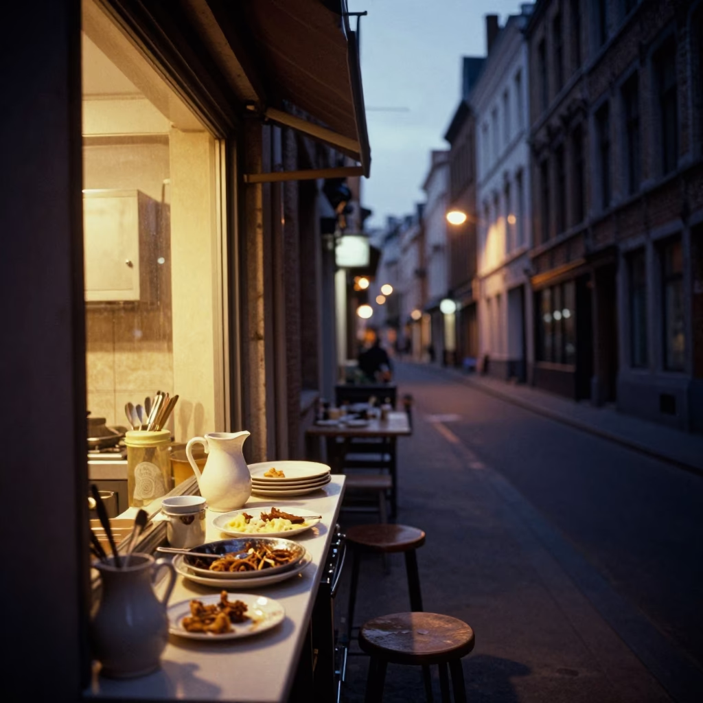 Brussels Evening Street Scene With Dried Dishes And Warm Window Light in in Brussels, Belgium