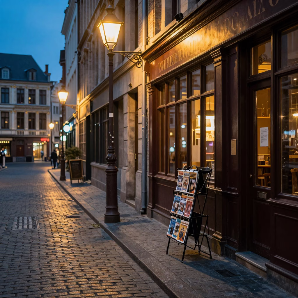Brussels Evening Street Scene with Magazine Rack and Lantern Glow in in Brussels, Belgium