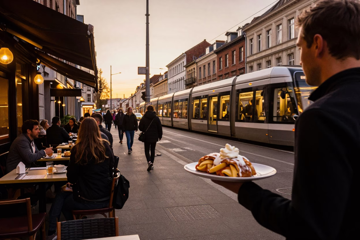 Brussels Evening Street Scene with Monorail and Local Dining in in Brussels, Belgium