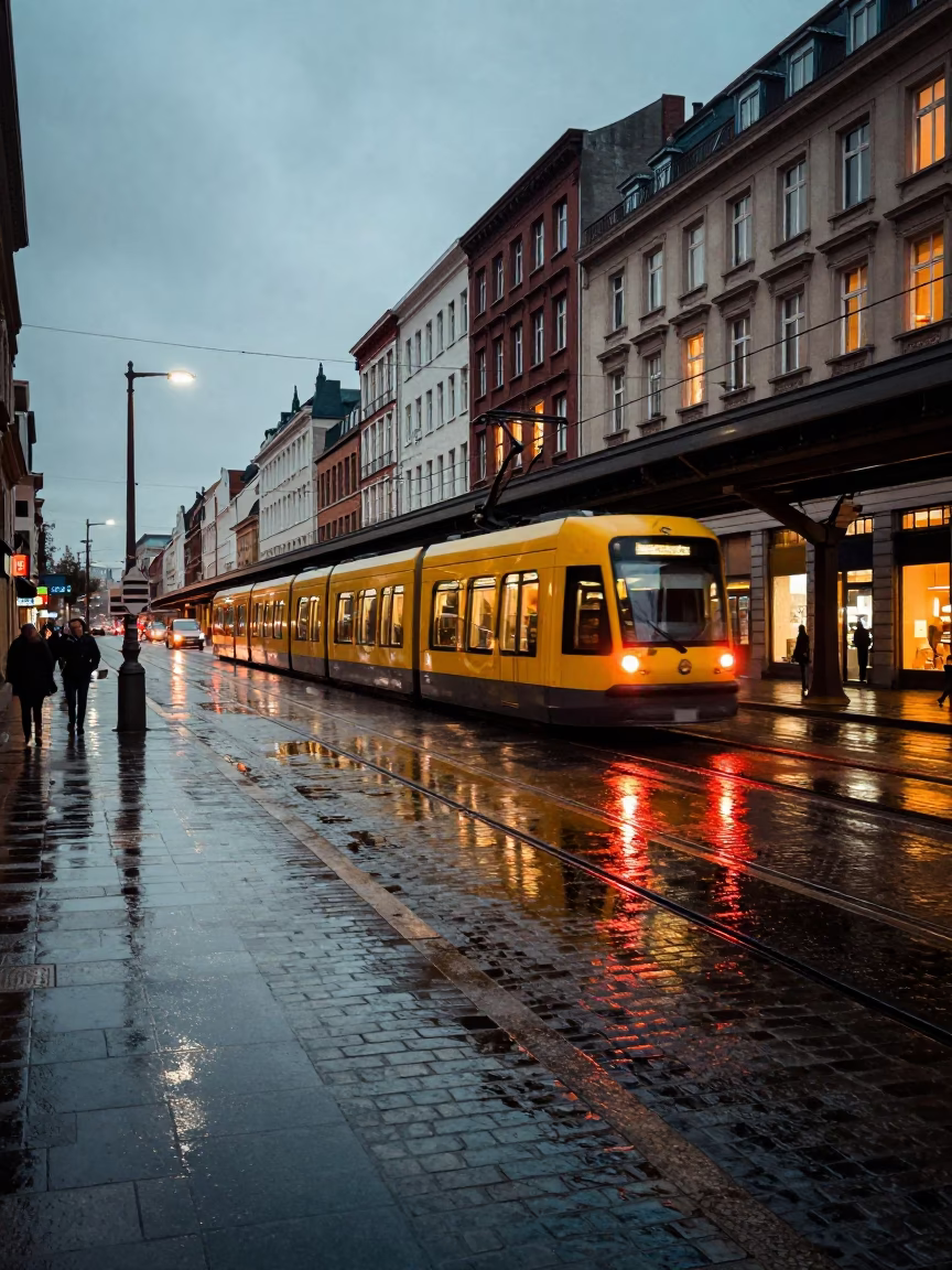 Brussels Evening Street Scene with Monorail Reflection in Wet Puddle in in Brussels, Belgium