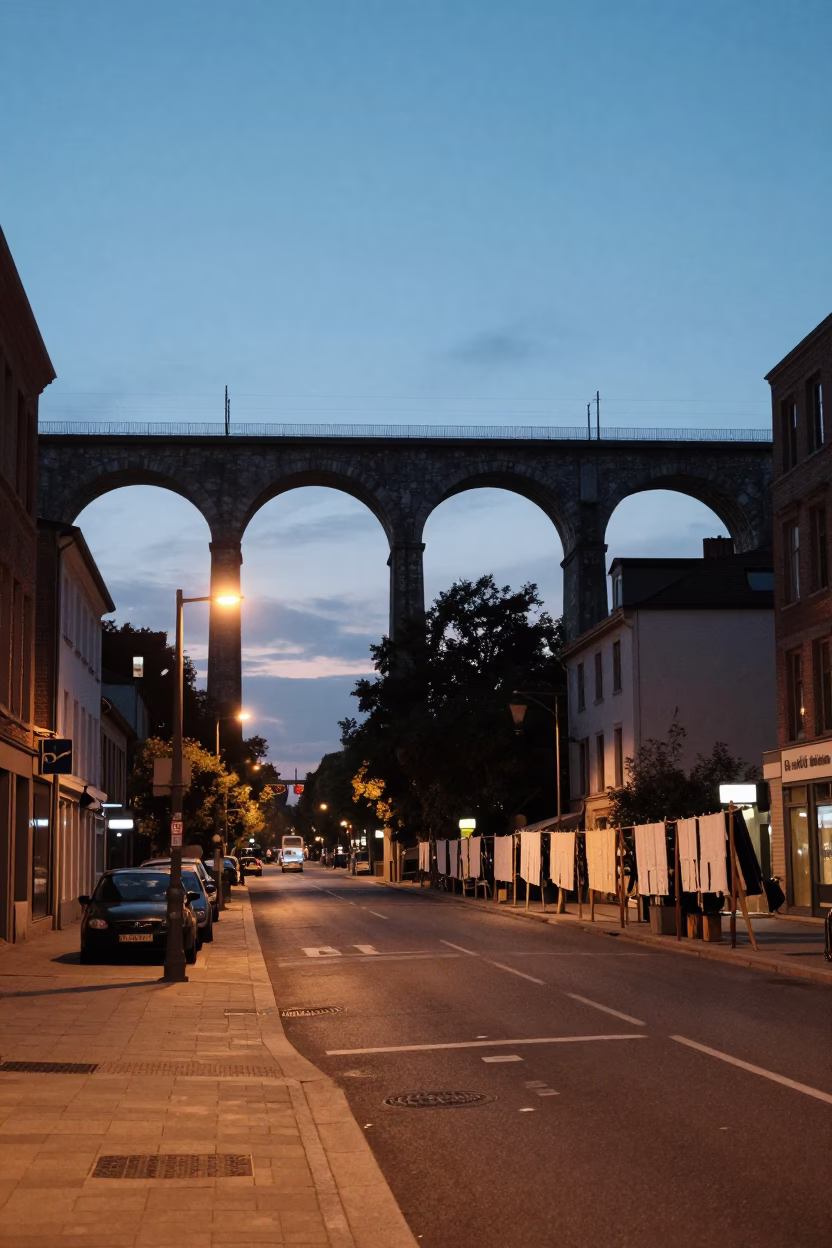 Brussels Evening Street Scene with Railway Viaduct and Drying Laundry in in Brussels, Belgium