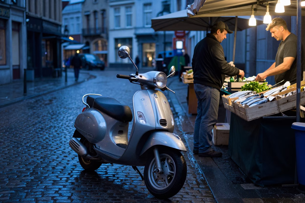 Brussels Evening Street Scene with Scooter and Sardines at Local Market in in Brussels, Belgium