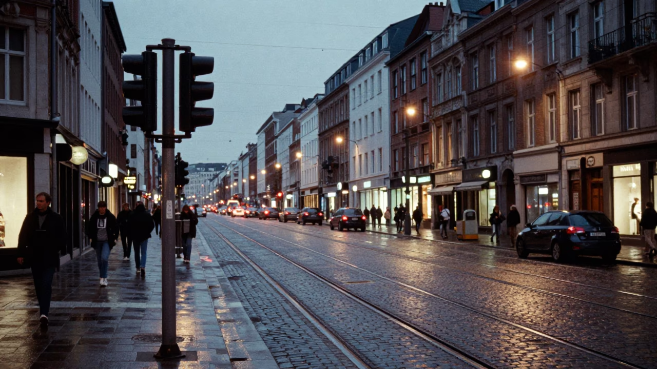 Brussels Evening Street Scene with Signal Gantry and Rail Lines in in Brussels, Belgium