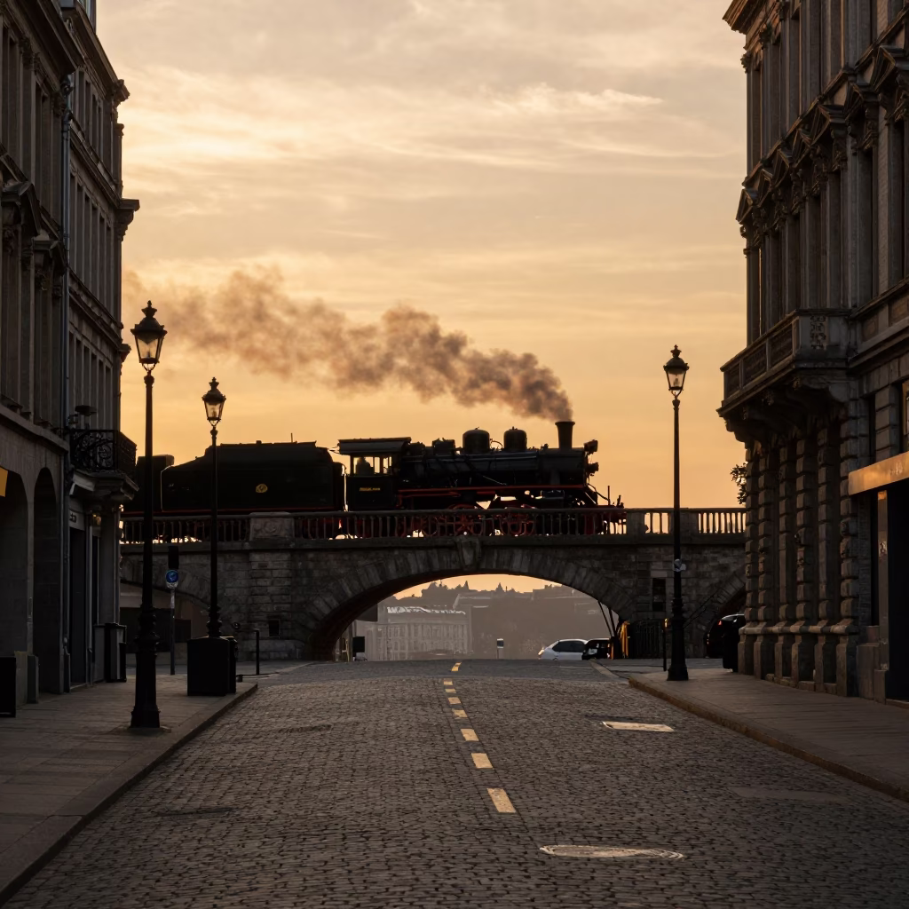 Brussels Evening Street Scene with Steam Locomotive Crossing Bridge in Honeyed Light in in Brussels, Belgium