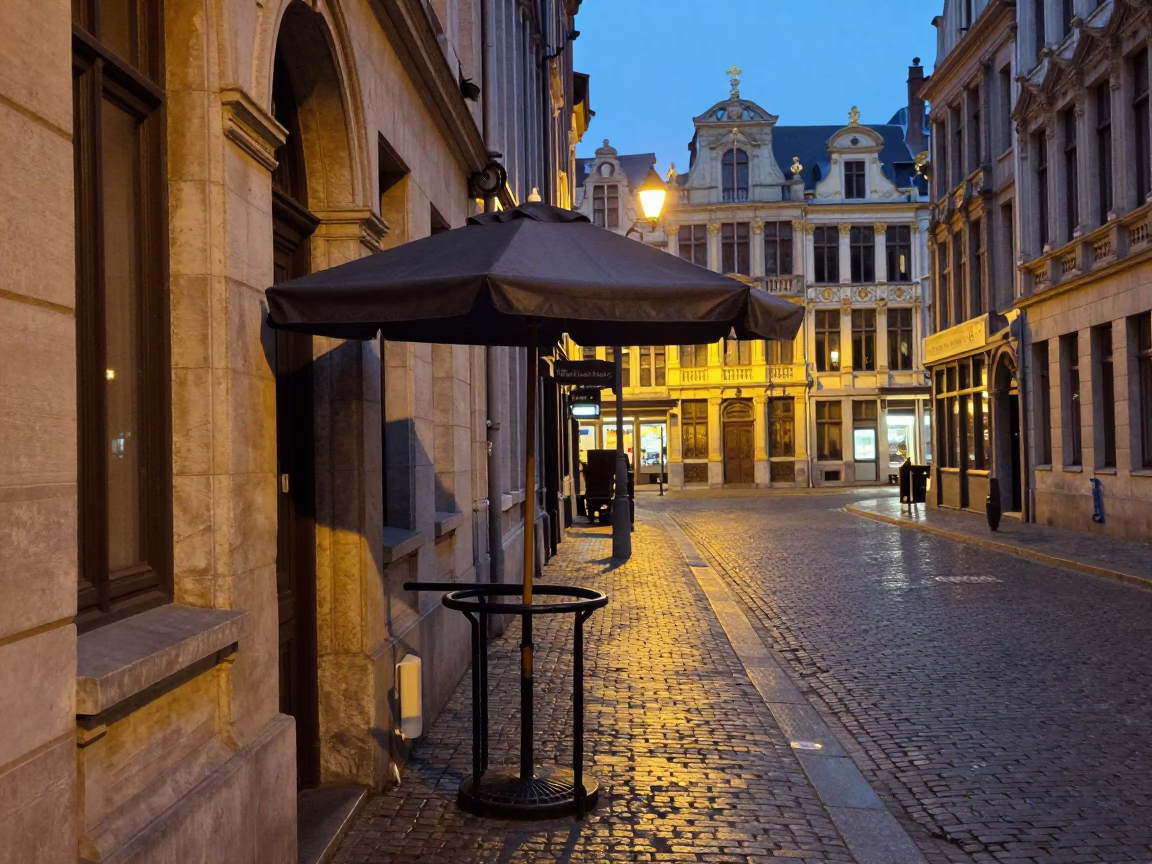 Brussels Evening Street Scene with Umbrella Stand and City Lights in in Brussels, Belgium