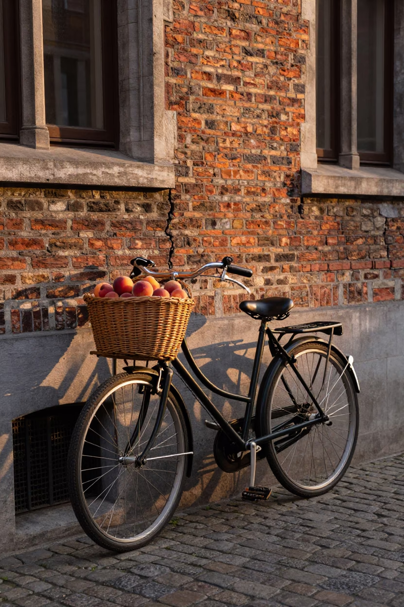 Brussels Evening Street Scene with Vintage Bicycle and Peaches in in Brussels, Belgium