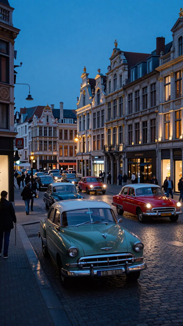Brussels Evening Street Scene with Vintage Cars and Cobblestone Market in in Brussels, Belgium