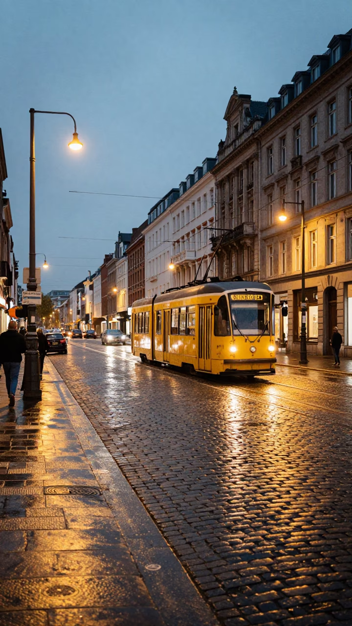 Brussels Evening Street Scene with Vintage Tram and Cobblestone Architecture in in Brussels, Belgium