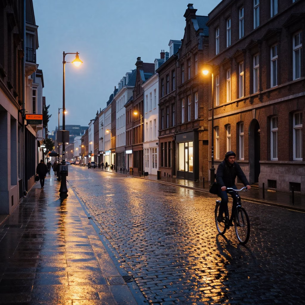 Brussels Evening Street Scene with Wet Cobblestones and Distant City Lights in in Brussels, Belgium